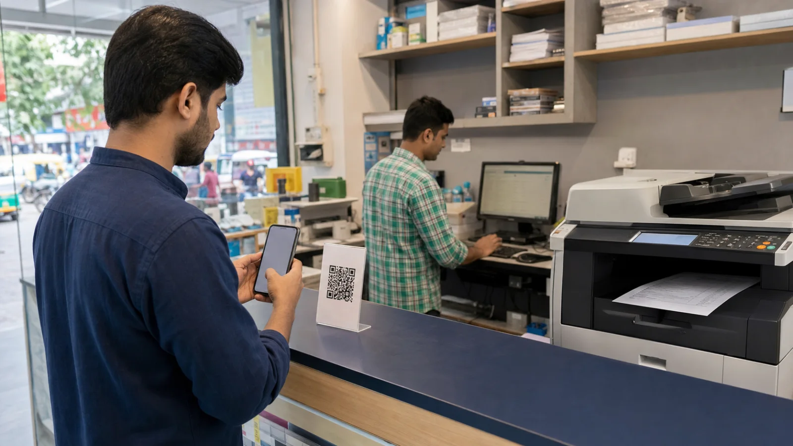 Customer at a print-shop counter with a phone, QR code and printer